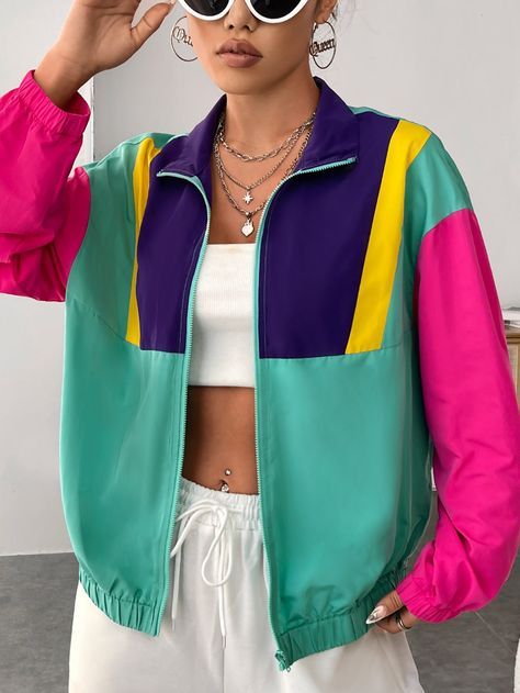 Multicolor Casual Collar Long Sleeve Woven Fabric Colorblock Other Embellished Non-Stretch Women Clothing Oversized Cardigan Outfit, Cardigan Outfit Aesthetic, Oversized Black Cardigan, Buy My Clothes, Barbie 80s, Colorful Jacket, 80s Outfit, Neue Outfits, Cardigan Outfits