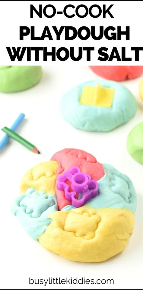 Fun Playdough Recipes, No Salt Playdough, Two Ingredient Playdough, No Salt Play Dough Recipe, Homemade Playdough To Sell, Salt Dough Playdough, Baking Soda Playdough Recipe, Homade Play Dough, Easy No Bake Playdough Recipe