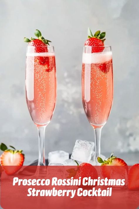 A fruity prosecco cocktail with fresh strawberries, great for festive holiday parties. Pink Prosecco Cocktail, Strawberry Prosecco Cocktail, Christmas Cocktails With Prosecco, Persecco Cocktails Drink Recipes, Holiday Drinks With Prosecco, Christmas Prosecco Drinks, Rose Prosecco Cocktail, Prosecco Cocktails Christmas, Preseco Cocktail