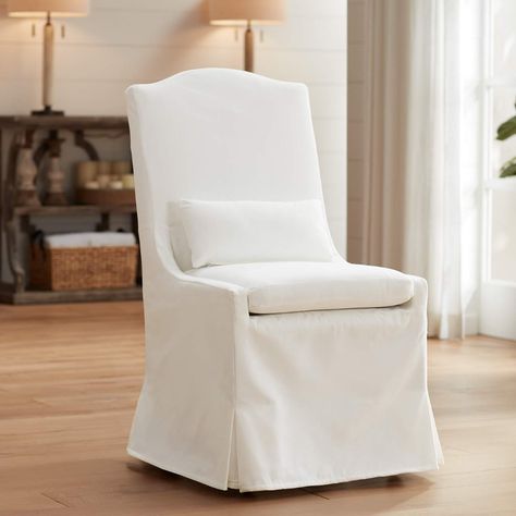 Slip Covered Dining Chairs, White Slipcover, Slipcover Dining Chair, White Slipcovers, Dining Room French, Downing Street, Elegant Chair, Dining Chair Covers, Caster Wheels