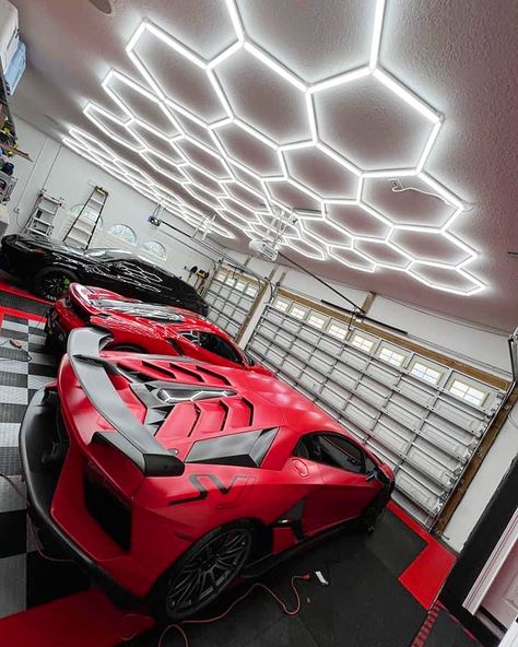 Custom Car Garage, Hex Lights Garage, Garage Led Lighting Ideas, Garage Lighting Ideas, Honeycomb Garage Light, Honeycomb Light, Hexagon Lights Garage, Car Showroom Lighting, Car Detail Shop