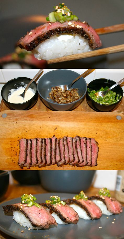 #Steak and #Rice — #Sushi Style Steak And Sushi Dinner, Steak Presentation, Steak Sushi, Beef Sushi, Sushi Style, Rice Sushi, Steak And Rice, Sushi Dinner, Beef Carpaccio