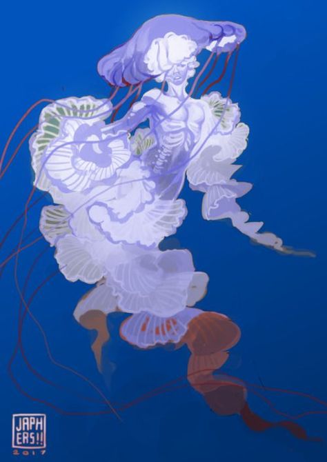 Jellyfish Humanoid Art, Human Jellyfish Art, Jellyfish Creature Concept Art, Jellyfish Mermaid Art, Jellyfish Oc Art, Jellyfish As A Human, Jellyfish Character Design Male, Jellyfish Human Hybrid, Jellyfish Oc Drawing