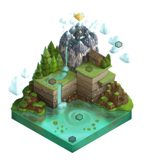 Isometric Island Illustration - by Naomi Robinson's Art Isometric Island, Board Game Cafe, Game Art Environment, Game Cafe, Mountain Drawing, Isometric Illustration, Isometric Art, Pixel Art Design, Digital Art Design