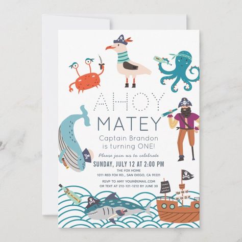 Ahoy Matey Pirate Sea Animals 1st Birthday Invitation - tap, personalize, buy right now! #Invitation #1st #birthday, #boy, #pirate, #ahoy Sea Animal Birthday, Pirate Themed Birthday Party, Pirate Themed Birthday, Animal Birthday Invitation, Ahoy Matey, Pirate Birthday Party, 1st Birthday Invitation, Pirate Birthday, Sea Animal