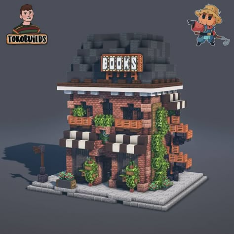 Toko on Instagram: “📒 A Bookstore 📚 A Collab with the amazing builder @bitgardener . I had loads putting this together with him. Def. go check out @bitgardener…” Minecraft City Library, Minecraft Bookstore Build, Minecraft Record Store, Book Store Minecraft, Minecraft Store Build, Minecraft Book Shop, Minecraft Bookstore, Minecraft Library Exterior, Minecraft Shop Ideas