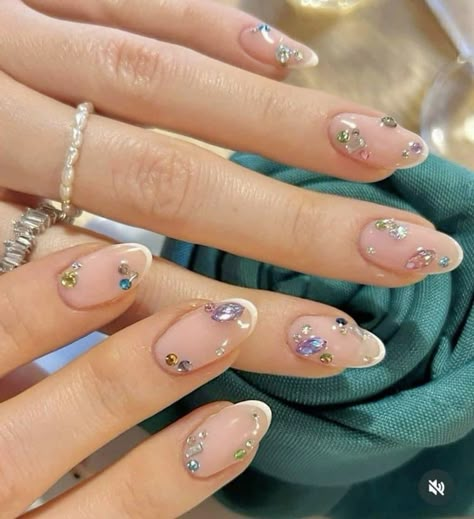 Short almond french tip nails with gems Stone Nails, Taylor Swift Nails, Siren Aesthetic, Milky Nails, Minimal Nails, Nail Style, Gem Nails, Nails 2024, Classy Nails