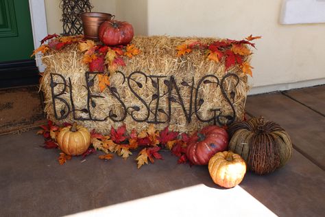 blessings sign hobby lobby | found the metal “BLESSINGS” sign at Hobby Lobby. Hair pins ... Hay Bales Decorations, Hay Bail, Autumn Window Display, Fall Creations, American Thanksgiving, Halloween Front Door Decorations, Fall Harvest Decorations, Kennel Ideas, Outside Fall Decor