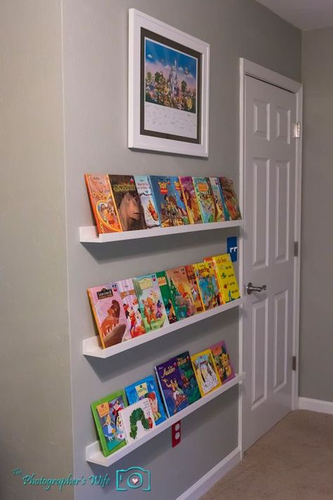 Chic Ikea picture ledges for childrenu0027s front facing book shelves. Such a nice wall bookshelves for kids Hidden Bookshelf Door, Ikea Picture Ledge, Kids Room Bookshelves, Picture Ledges, Ikea Kids Room, Bookshelf Door, Ideas Habitaciones, Ikea Bookshelves, Ikea Shelves