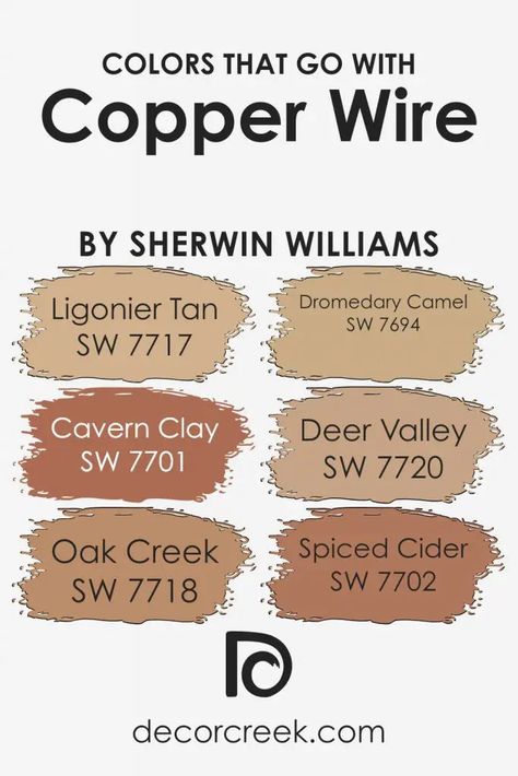 Colors that Go With Copper Wire SW 7707 by Sherwin Williams Sherwin Williams Oak Creek, Chivalry Copper Sherwin Williams, Rust Colored Paint, Tan Color Aesthetic, Spiced Cider Sherwin Williams, Copper Paint Colors, Burnt Orange Paint, Rust Color Paint, Rust Kitchen