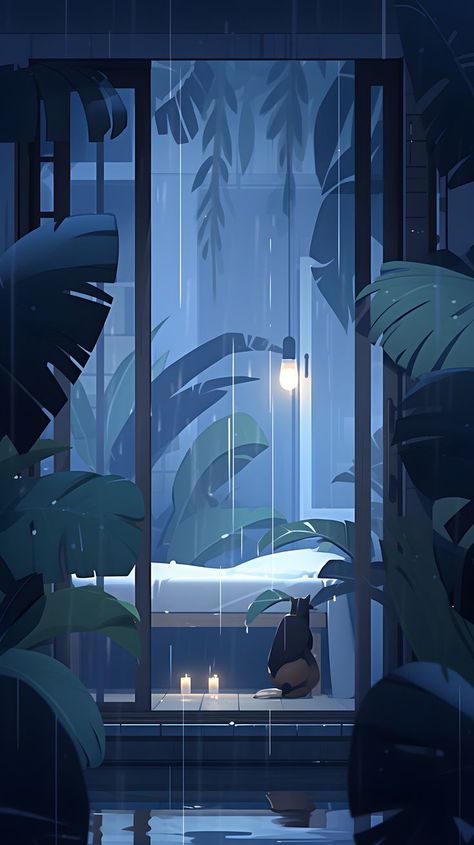 Warm season rain tranquillity staying in doors, cat, dim light, late evening, home plants, tropical area anime style art. Anime Style Art, Vincent Chase, Simplistic Wallpaper, Home Plants, Plants Tropical, Rain Wallpapers, Rain Art, Late Evening, Dreamy Artwork