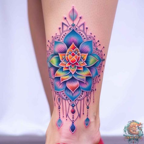 Mandala Color Tattoo Women, Coloured Mandala Tattoo, Pretty Lotus Flower Tattoo, Lotus Flower Tattoo Mandala, Mandala Tattoo Color, Lotus Symbolism, Mandala Lotus Tattoo, Fem Tattoos, Purple Lotus Tattoo