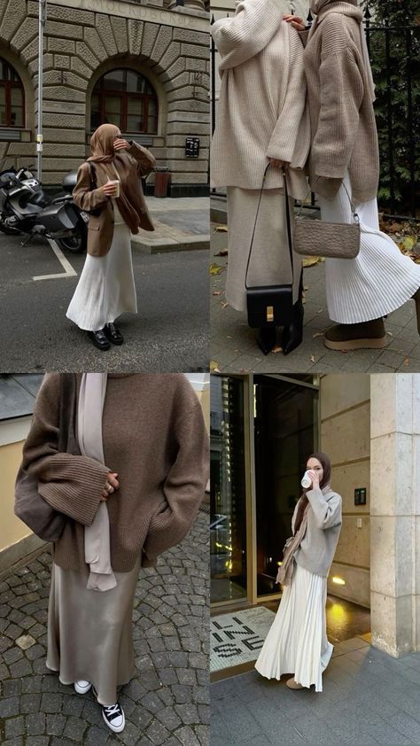 Rich aesthetic Outfit With Beige Skirt, Brown Modest Outfit, Ivory Skirt Outfit, Hijabi Elegant Outfits, Rich Hijabi Aesthetic, Elegant Hijabi Outfits, Beige Long Skirt Outfit, Beige Skirt Outfits, Modest Clothing Aesthetic