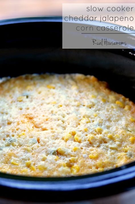 Slow Cooker Cheddar Jalapeno Corn Casserole Sweet Corn Pudding, Corn Casserole, Crockpot Dishes, Corn Recipes, Crock Pot Slow Cooker, Crock Pot Cooking, Veggie Dishes, Side Dish Recipes, Om Nom