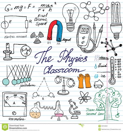 Physics And Science Elements Doodles Icons Set. Hand Drawn Sketch With Microscope, Formulas, Experiments Equipment, Analysis Tools - Download From Over 65 Million High Quality Stock Photos, Images, Vectors. Sign up for FREE today. Image: 58164822 Electricity Physics, Science Elements, Newton's Second Law, Math Doodles, Science Drawing, Science Doodles, Physics Formulas, Doodle Inspiration, Doodle Icon