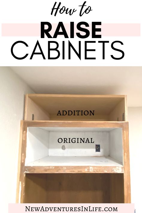 shelf built on top of old cabinet Raise Kitchen Cabinets To Ceiling, Raise Cabinets To Ceiling, Cabinets To Ceiling Diy, Raising Cabinets To Ceiling, Raise Kitchen Cabinets, Ceiling Height Cabinets, Cabinet Installation Diy, Kitchen Cabinets To The Ceiling, House Facelift