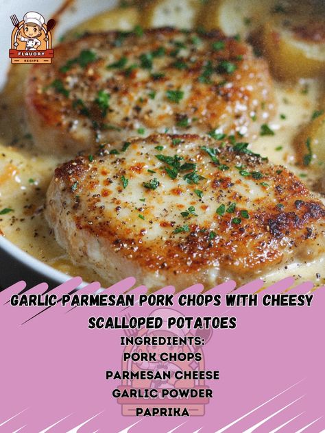 🧀🍖 Indulge in the ultimate comfort food with Garlic Parmesan Pork Chops and Cheesy Scalloped Potatoes—pure savory goodness! 🍽️✨ #ComfortFood #EasyDinners Garlic Parmesan Pork Chops with Cheesy Scalloped Potatoes Ingredients: Pork chops (4, bone-in or boneless) Parmesan cheese, grated (1/2 cup) Garlic powder (1 tsp) Paprika (1 tsp) Salt (1/2 tsp) Black pepper (1/2 tsp) Olive oil (2 tbsp) Yukon gold potatoes, thinly sliced (4 large) Heavy cream (1 1/2 cups) Cheddar cheese, shredded (1 cup) Fr... Parmesean Pork Chops, Garlic Parmesan Pork Chops, Scalloped Potatoes With Bacon, Cheesy Potato Bake, Creamy Scalloped Potatoes, Parmesan Crusted Pork Chops, Parmesan Pork Chops, Cheesy Scalloped Potatoes, Pork Chops And Potatoes