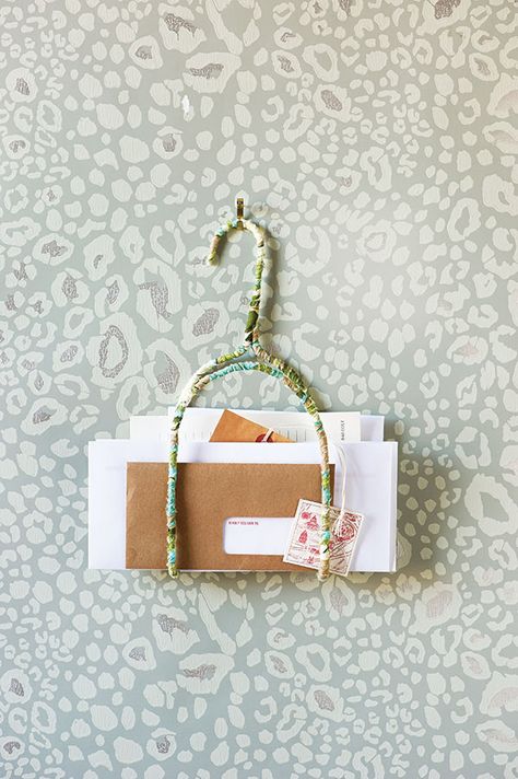 Simple-Pleasures-Letter-Hanger Diy Letter Holder, Diy Mail Holder, Hanging Mail Organizer, Wire Coat Hangers, Diy Mail, How To Make Letters, Utility Closet, Hanger Crafts, Pretty Letters