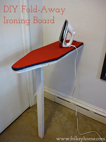 small laundry room idea - diy fold-away ironing board, Folksy Home Diy Ironing Board, Small Laundry Space, Folding Ironing Boards, Wall Mounted Ironing Board, Ironing Station, Hostess Cupcakes, Room Storage Diy, Ironing Boards, Laundry Room Diy