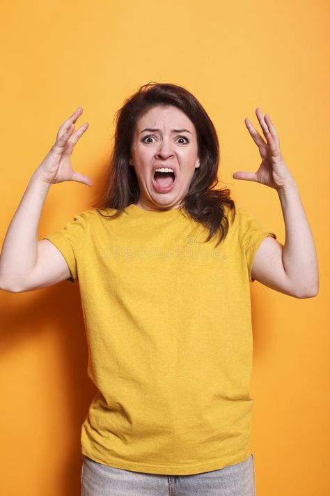 Angry woman screams and raises her arms royalty free stock photography Angry Pictures, Angry Woman, Angry People, Angry Women, Pinch Pot, Stock Photography Free, Scream, Anger, Stock Photography