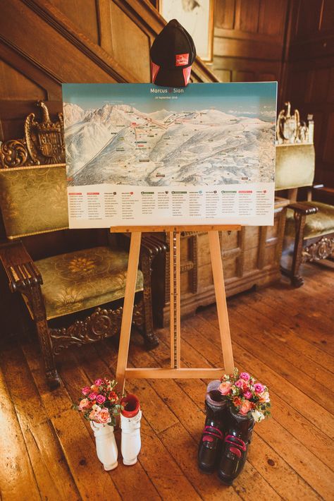 Apres Ski Themed Wedding, Ski Wedding Seating Chart, Ski Guest Book Wedding, Ski Themed Wedding Decor, Mountain Wedding Ideas Decor, Ski Wedding Theme, Apres Ski Wedding, Ski Wedding Ideas, Ski Theme Wedding