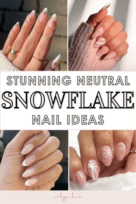 30+ Stunning Neutral Snowflake Nail Ideas - Nude Color Christmas Nails, Gel Nail Snowflake Designs, Cute Neutral Christmas Nails, Nude December Nails, White Nails With Gold Snowflake, Christmas Nails Natural Color, Winter Xmas Nails, Nude Nails Snowflake, Neutral Holiday Nails Square