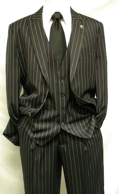 Stacy Adams Black Gangster Stripe Fashion Suit Mars 4017-000 IS Old Fashioned Suits Men, Black Gangster, Dark Red Suit, Gangster Suit, Blue Velvet Suit, Bond Suits, Khaki Suits, Grey Pinstripe Suit, Grey Tuxedo