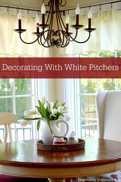 White pitchers are my favorite decor accessory. Whether you fill them with flowers are leave them on their own. Come see how I use them... Decorating With White, White Pitchers, Linen Valances, Pitcher Decor, White Pitcher, Simple Curtains, Decor Flowers, Budget Friendly Decor, Decorating Blogs