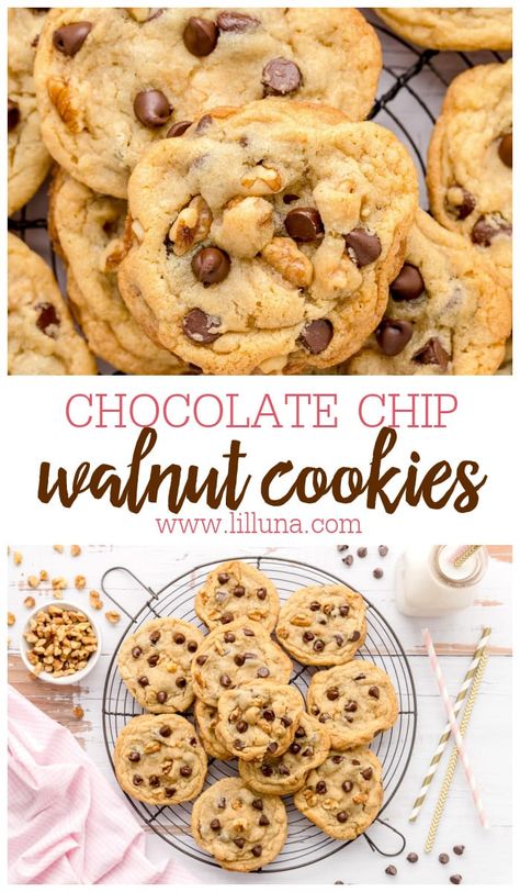 Chocolate Chip Recipes Easy, Walnut Cookie Recipes, Crunchy Chocolate Chip Cookies, Chocolate Chip Walnut Cookies, Crispy Chocolate Chip Cookies, Dark Chocolate Recipes, Stuffed Cookies, Walnut Recipes, Fresh Baked Cookies