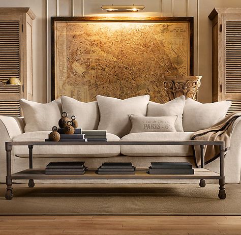 DIY Restoration Hardware-style Vintage Map Restoration Hardware Living Room, Nautical Lamp, Vintage Paris Map, Monochromatic Living Room, Diy Restoration Hardware, French Pillow, Restoration Hardware Style, Plush Couch, Vintage Industrial Decor