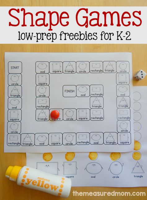 These free shape games for kindergarten through 2nd are no-prep! Just print and play! Kindergarten Geometry, The Measured Mom, Measured Mom, Shapes Kindergarten, Teaching Shapes, Math Centers Kindergarten, Shape Games, Shapes Preschool, Kindergarten Games