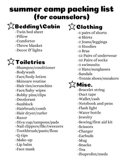 Summer Camp Packing Aesthetic, 4h Camp Packing List, Uca Cheer Camp Packing List, Summer Camp Counselor Packing List, Church Camp Aesthetic Packing, Camp Counsellor Outfits, What To Bring To Summer Camp, Camp Counselor Tips, Church Camp Packing List For Teens