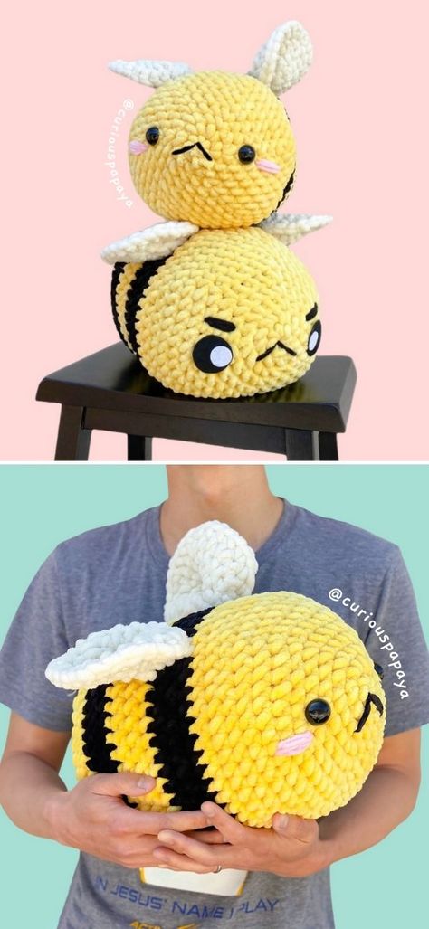 Lovely Bee Amigurumi.Take a look at this super sweet, squishy crochet bee in the pictures below! Isn't Jumbo just the sweetest? If you want your kiddo / grankiddo to have a fluffy and squishy friend, this is your fellow! It's made with super soft and delicate yarn and the finished size is 13 in. x 10 in. (33 cm x 25 cm). #freecrochetpattern #amigurumi #bee Fluffy Yarn Crochet Patterns, Squishies Crochet, Squish Mallow Crochet Pattern, Free Crochet Squishmallow Pattern, Big Amigurumi Free Pattern, Squishmallow Crochet Pattern Free, Chunky Yarn Crochet Pattern Free, Crochet With Fluffy Yarn, Squish Crochet