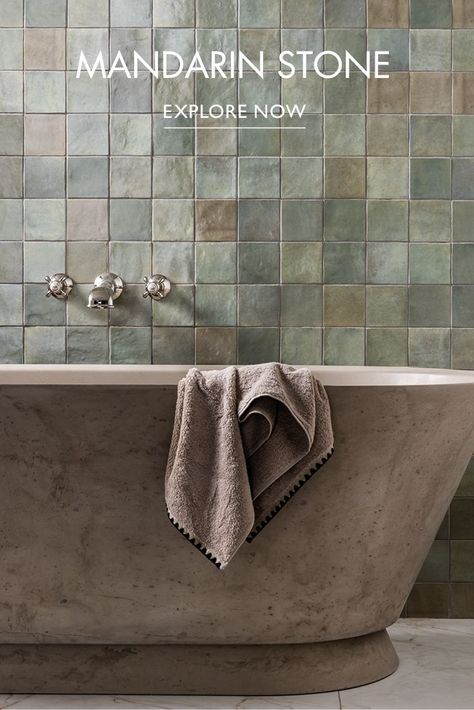 Add interest to every inch of your space with our Zellige effect tiles. In soft sage green, our Zellige Gloss Ceramic has plenty of surface texture and a melange of shades that makes each tile unique. Use on walls across the home. Explore online. Tile Pictured: Zellige 2022 Sage Gloss Ceramic Zellige Tile Bathroom, Concrete Bathtub, Concrete Bath, Green Tile Bathroom, Green Tiles, Mandarin Stone, Concrete Basin, Zellige Tile, Porcelain Mosaic Tile