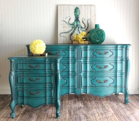 Blue Dressers, Vintage French Provincial Dresser, Commode Shabby Chic, Teal Dresser, Mcm Dresser, Painted Dressers, Custom Dresser, Painted Armoire, French Provincial Dresser