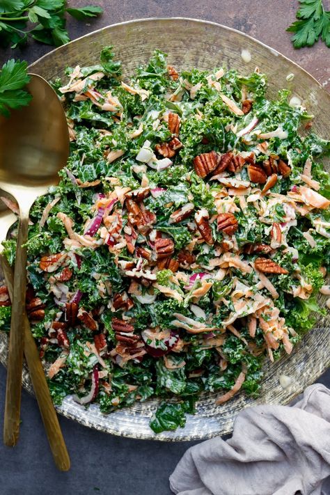 Winter Kale Slaw https://cookingwithparita.com/winter-kale-slaw/ Sweet Potato Stacks, Kale Slaw, Slaw Dressing, Spiced Pecans, Vegan Mayonnaise, Slaw Recipes, Shredded Carrot, Kale Salad, Vegan Condiments