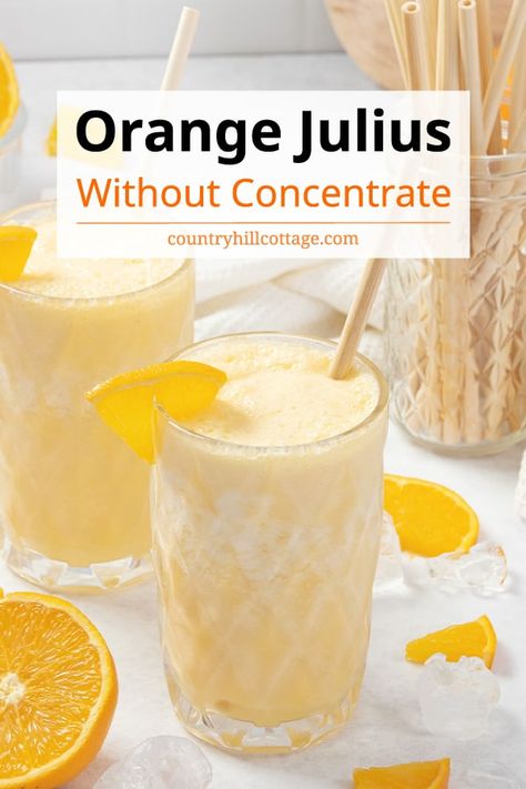 See how to make homemade Orange Julius without concentrate! It really is the best and tastes just like the original. This easy DIY orange Julius smoothie recipe so simple and easy to make with just 4 ingredients, including healthy fresh orange juice, sweetened condensed milk, vanilla, and ice. The copycat orange shake with fresh oranges is a quick iced drink you'll crave time and again to cool you off all summer long. Can also be made with strawberries and bananas. | CountryHillCottage.com Orange Julius Recipe Original, Orange Recipes Easy, Orange Julius Smoothie Recipe, Orange Milkshake, Orange Julius Smoothie, Orange Julius Recipe, Orange Juice Smoothie, Orange Juice Recipes, Orange Juice Drinks