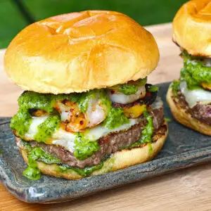 Shrimp Plantain Chimichurri Burgers Burger With Shrimp, Chimichurri Burger, Indian Food Truck, Chili Garlic Shrimp, Burrata Recipes, Grilled Plantains, Lobster And Shrimp, Bubba Burgers, Shrimp Burgers