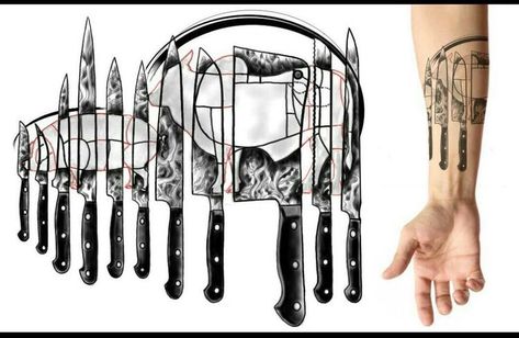 Chef Knife Tattoo Design, Kitchen Tattoo, Cooking Tattoo, Culinary Tattoos, Chef Design, Chef Tattoo, Full Tattoo, Food Tattoos, Knife Tattoo