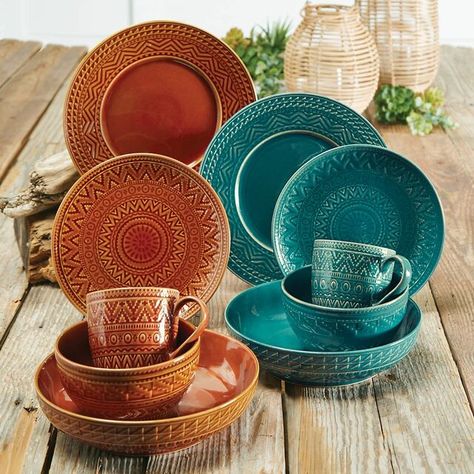 Sedona Sunrise Dinnerware Collection Southwestern Dinnerware, Teal Dinnerware, Ranch Style Decor, Southwestern Kitchen, Western Bedding Sets, Western Dinnerware, Ceramic Dishware, Western Kitchen, Rustic Furniture Diy