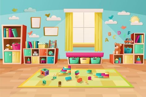 Kindergarten Classroom Illustration, Classroom Illustration School, Daycare Background, Play School Interiors, Playroom Illustration, Cartoon Classroom, Kindergarten Playroom, Kindergarten Illustration, Kindergarten Background