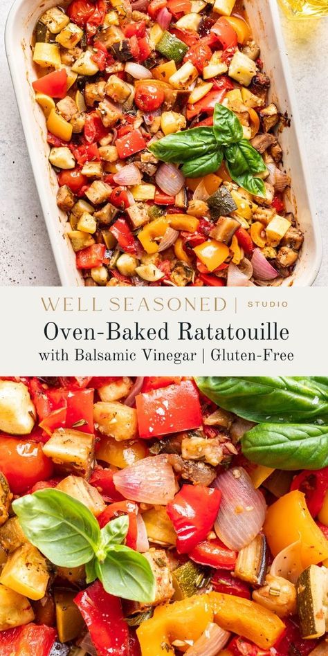 This Oven-Baked Ratatouille is a playful -- and easier! -- take on the classic Provençal dish highlighting fresh summer vegetables. Instead of cooking each ingredient individually, I take the quicker route of baking them together in one large dish. Enjoy as a light main course, a veggie-packed side dish for grilled meats, poultry, or seafood, or toss with pasta. #wellseasonedstudio #ratatouille #vegetables #ratatouillerecipe Ratatouille Pasta Bake, Classic Ratatouille Recipe, Baked Ratatouille Recipe, Easy Ratatouille Recipes, Roasted Root Veggies, Ratatouille Recipe, Summer Veggies, Soup Dinner, Lunch Salads