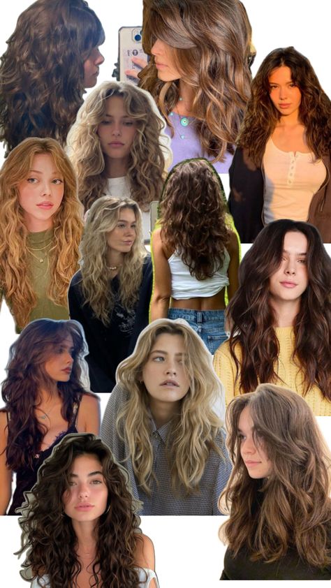 Curly Summer Hair, Cuts For Curly Hair, Wavy Hair Perm, 80s Haircuts, Wolf Cuts, Curly Hair Long, Bangs Wavy Hair, Butterfly Cut, Hair Color Options