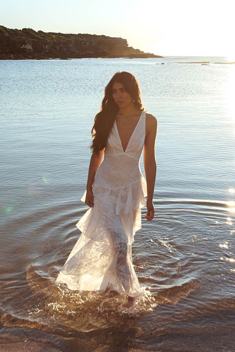 Veda Strappy Back Ruffle Chiffon Maxi Dress White White Dress Lake Photoshoot, Floaty White Dress, White Dress Sunset Photoshoot, Beach Pictures Long Dress, Grad Dress White, Beach Pictures In Dress, Senior Photo Dresses, Long Flowy Dress Photoshoot, Beachy White Dress