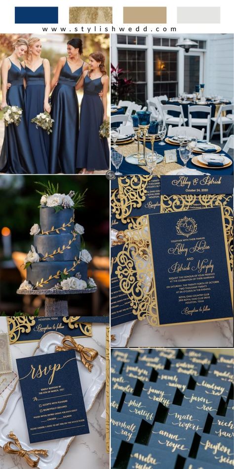 Gold Themed Wedding, Elegant Wedding Colors, Blue And Gold Wedding, Wedding Theme Color Schemes, Blue Gold Wedding, Starry Night Wedding, Wedding Color Pallet, Gold Wedding Theme, Wedding Palette