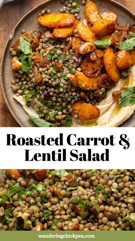 This Roasted Carrot and Lentil Salad is loaded with spiced shallots, hearty French lentils, dates, olives and toasted almonds. Serve everything over hummus with fresh mint and a pinch of flaky sea salt. It’s salty, sweet and savory—perfect for a healthy winter main or side. Salad With Hummus, Roasted Carrot, French Lentils, Lentil Salad, Toasted Almonds, Sweet And Savory, Fresh Mint, Shallots, Lentils