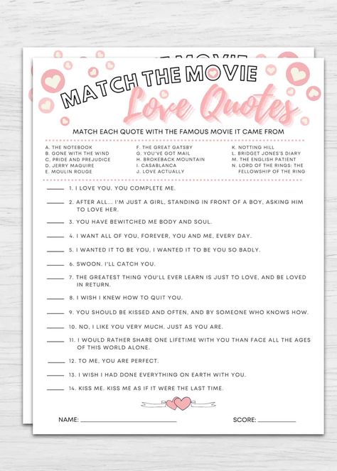 Wedding Movie Trivia, Rom Com Bridal Shower Theme, Couple Wedding Shower Games, Movie Love Quotes Game, Couples Wedding Shower Games, Wedding Mad Libs, Couple Shower Games, Wedding Trivia, Wedding Puzzle