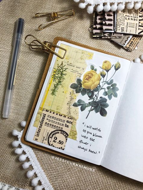 Scrapbook, journaling, journal, vintage, flowers, flower, yellow Flower Junk Journal Ideas, Junk Journal Layout Ideas, Junk Journal Spread, Vintage Scrapbook Ideas, Vintage Journal Ideas, Junk Journal Pages Ideas Layout, Scrapbook Journal Pages, Retro Decals, Junk Journal Inspiration