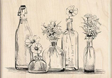 Bottle Drawing, Wood Stamp, Vintage Bottles, Still Life Drawing, Ink Stamps, Rubber Stamping, Amazon Art, Pen Ink, Rubber Stamp