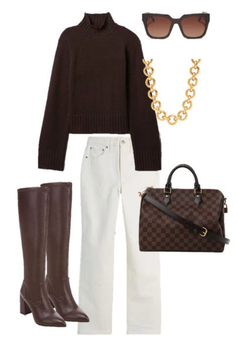 Chocolate brown sweater white jeans brown boots louis vuitton speedy bandouliere 30 damier ebene Brown Turtleneck Sweater Outfit, Chocolate Brown Sweater Outfit, Chocolate Boots Outfit, Damier Ebene Outfit, Dark Brown Sweater Outfit, Brown Turtleneck Outfit, Speedy Damier Ebene, Brown Sweater Outfit, Chocolate Brown Sweater